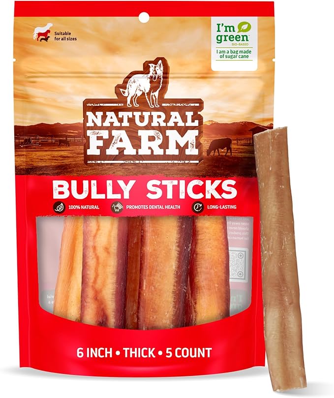 Natural Farm Odor-Free Thick Bully Sticks (6”, 5-Pack) All-Natural Long-Lasting Dog Chews, 100% Beef Pizzle, Grass-Fed, Grain-Free, Protein for Muscle Development &amp; Energy, Perfect for Medium Chewers