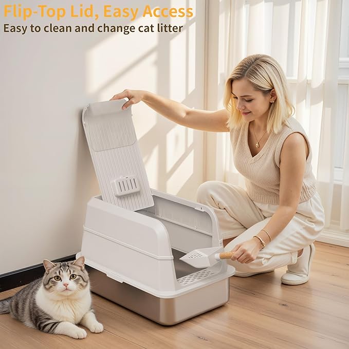 Stainless Steel Litter Box with Lid, XL Extra Large Cat Litter Box, Enclosed Metal Litter Pan with High Sided Enclosure &amp; Scoop, Anti Leakage, Easy to Clean, Odor Control (White)