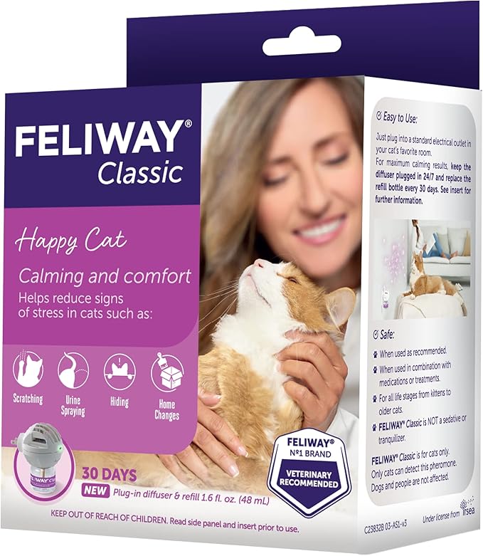 FELIWAY Classic 30 Day Cat Calming Plug In Pheromone Diffuser Starter Kit, 48ml - Helps Reduce Common Signs of Stress in Cats &amp; Kittens, Enhanced Calming