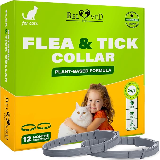 Natural Flea &amp; Tick Collar for Cats - 12 Months Control of Best Prevention &amp; Safe Treatment - Anti Fleas and Ticks Essential Oil Repellent (2 Pack)