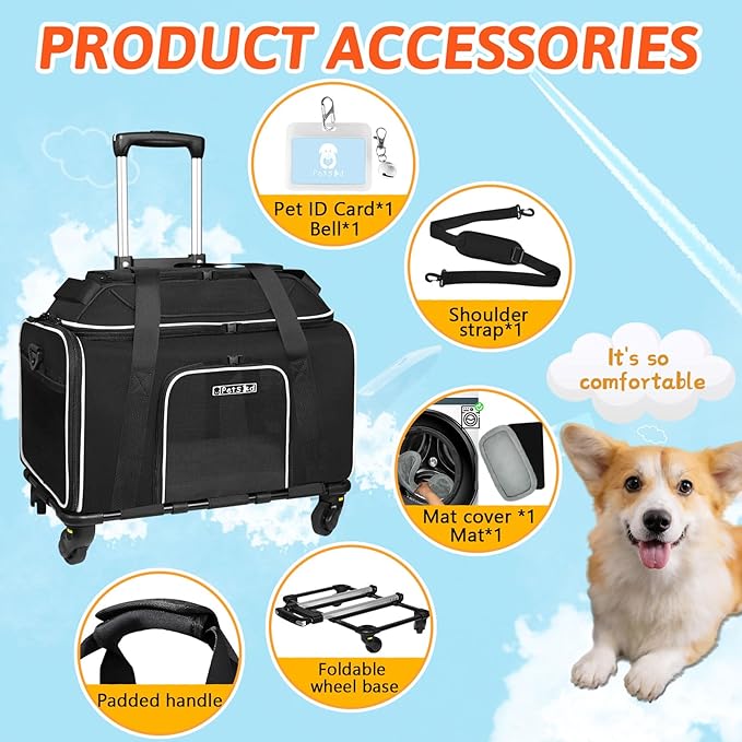 Petskd Top-Expandable Pet Carrier with Wheels 17x11x9.5 Inches Alaska Airline Approved, Soft-Sided Carrier for Small Cats Dogs with Locking Safety Zippers and Anti-Scratch Mesh(Black)