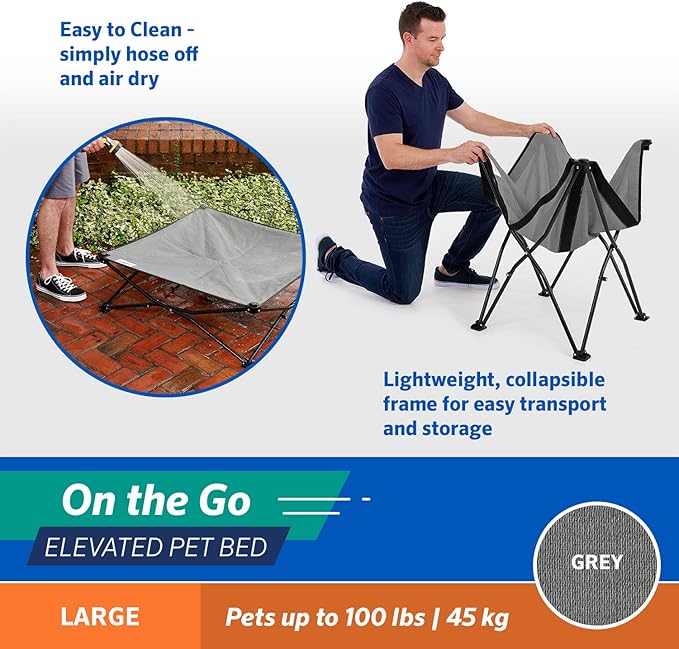 Coolaroo On-The-Go Elevated Dog Bed - Foldable Pop-Up Travel Dog Bed with Breathable, Moisture-Resistant Fabric, Carry Bag Included, Lightweight &amp; Portable, Steel Gray, Large