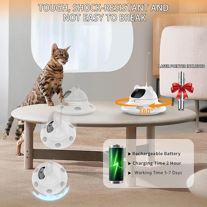 Cat Laser Toy,3-in-1Interactive Cat Toys Automatic Cat Toy with 360° Random Laser &amp; Interactive Feather - 5 Laser PatternsUSB Rechargeable Motion Activated Moving - Fun Toys for Indoor Cats &amp; Kittens