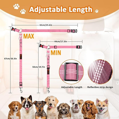 Removable Dog Seat Belt Harness for Car, 3 in 1 Pet Dog Car Seatbelt Leash, Retractable Restraint Secures to Vehicle Headrest &amp; Adjustable Reflective Bungee Dog Seatbelt Tether, Pink and Black