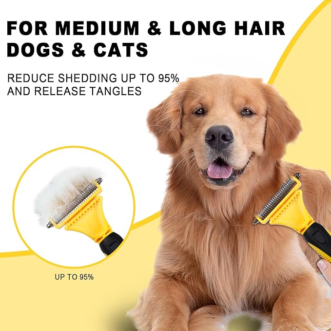 Pet Grooming Brush, Double Sided Undercoat Rake for Dogs &amp; Cats, Professional Deshedding Brush and Dematting Tool, Safe and Effective Removing Knots, Mats, Tangles,and Flying Hair