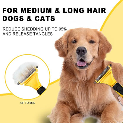Pet Grooming Brush, Double Sided Undercoat Rake for Dogs &amp; Cats, Professional Deshedding Brush and Dematting Tool, Safe and Effective Removing Knots, Mats, Tangles,and Flying Hair