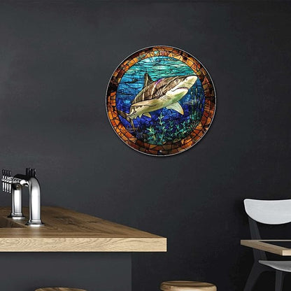 Lygond Metal Sign Tin Sign Circular Stained Glass Shark Funny Outdoor Decor for Garage 8×8 Inches