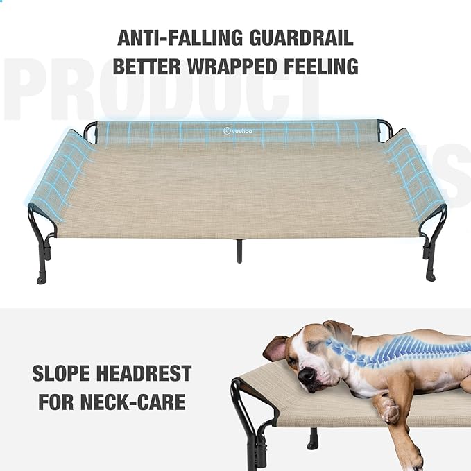 Veehoo Cooling Elevated Dog Bed, Guardrail Raised Pet Cot, Indoor &amp; Outdoor XXL Pet Bed with Washable &amp; Breathable Teslin Mesh, Non-Slip Feet, Dog Couch Bed, 62.5" x 37", Beige Coffee