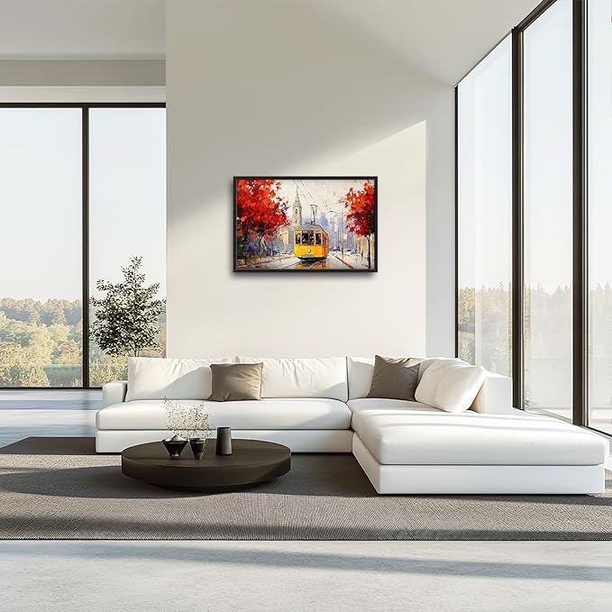 Large Cityscape Wall Art for Living Room, Framed Oversized Urban Tram Wall Decor Tree Landscape Canvas Painting Modern Artwork for Living Room Bathroom Bedroom Office Dining Room 36"x24"