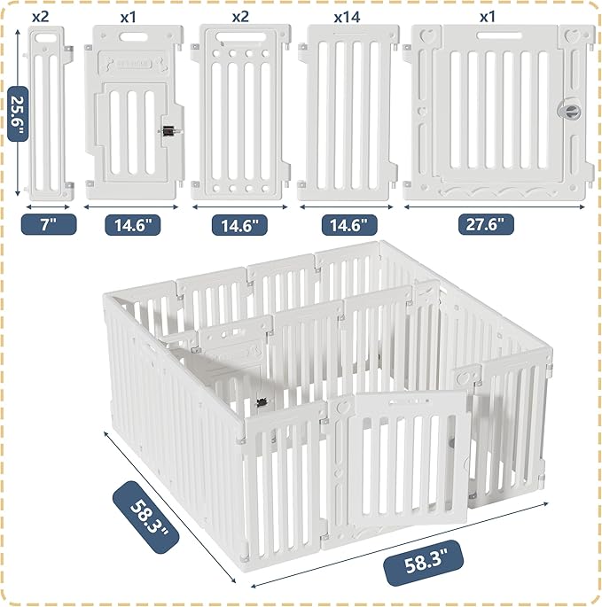 2 Room Dog Playpen with Door,DIY Shape Combination Puppy Pen,16-Panel+2 Link Piece+Large Door+Small Door,25.5" H Dog Fence,Non-Slip&amp;Secure Pet Gate,Easy to Assemble
