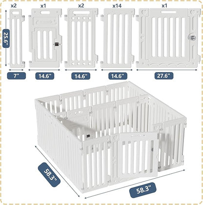 2 Room Dog Playpen with Door,DIY Shape Combination Puppy Pen,16-Panel+2 Link Piece+Large Door+Small Door,25.5" H Dog Fence,Non-Slip&amp;Secure Pet Gate,Easy to Assemble