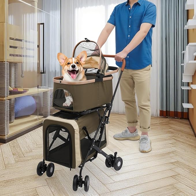2-Layers Pet Stroller for 2 Cats/Dogs,Foldable Lightweight 77lbs Capacity Carrier, 4 Wheels, Removable Basket &amp; Storage Pocket,for Small Pets (Green)
