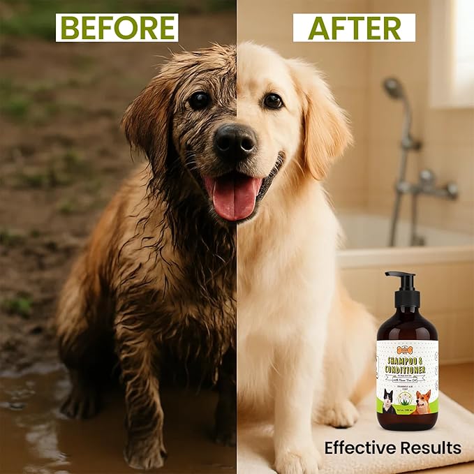 POM Pets 2-in-1 Organic Dog Shampoo &amp; Conditioner – Itchy Skin Relief, Dog Deshedding, Detangles Fur, Cat Shampoo, Paw Cleaner for Dogs, Natural Coat Defense Formula