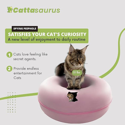 Cattasaurus Peekaboo Cat Cave for Multiple &amp; Large Cats Up to 30-45 Lbs, Scratch Detachable &amp; Washable Tunnel Bed, Comfy Donut Cat Cave (Pink, Jumbo)