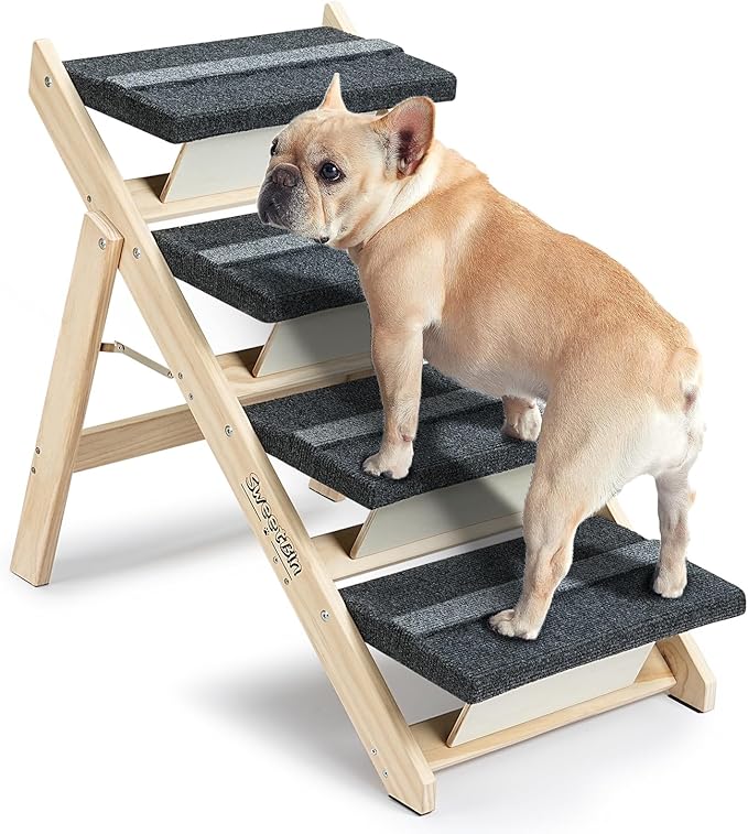 Wood Pet Stairs/Pet Steps for All Dogs and Cats - 2-in-1 Foldable Carpeted 4 Tiers Dog Stairs &amp; Ramp Perfect for Beds and Cars - Portable Dog/Cat Ladder Up to 150 Pounds