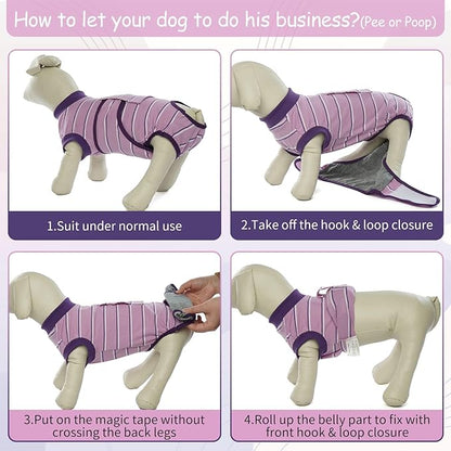 Kuoser Dog Surgery Recovery Suit for Female Male Dogs, Stripes Spay Neuter Anti-Licking Dog Onesie, Abdominal Wounds Surgical Suit Snugly Pet Collar Alternative Post Surgery Vest Bodysuit, Purple 2XL