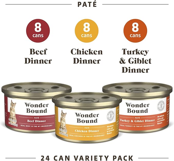 Amazon Brand - Wonder Bound Wet Cat Food, Pate, No Added Grain, Variety Pack (Beef/Chicken/Turkey &amp; Giblet), 3 ounce (Pack of 24)