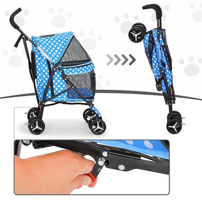 MoNiBloom 4 Wheels Pet Stroller, Easy-Fold Umbrella Shaped Dog Cat Jogger Stroller w/Storage Bag &amp; Visible Mesh for Small/Medium Dogs Cats Sky Blue Polka Dots
