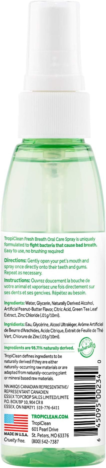 TropiClean Fresh Breath Spray for Dogs &amp; Cats | Peanut Butter Flavored | Travel-Ready Pet Breath Freshener Spray | Made in the USA | 4 oz.