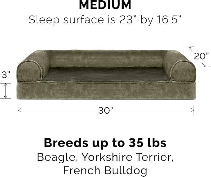 Furhaven Cooling Gel Dog Bed for Medium/Small Dogs w/ Removable Bolsters &amp; Washable Cover, For Dogs Up to 35 lbs - Faux Fur &amp; Velvet Sofa - Dark Sage, Medium