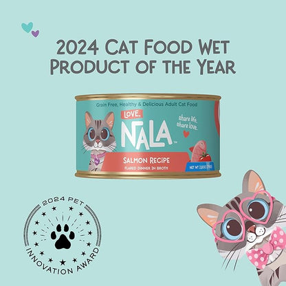 LOVE, NALA - Natural Adult Cat Wet Food - FLAKED Salmon in Broth - Grain Free, Non-GMO, Lean Protein with Omega 3, Added Minerals &amp; Vitamins - 12 Pack, 2.4 lbs.