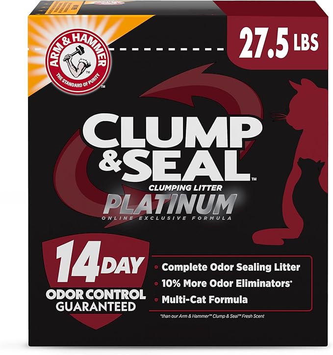 ARM &amp; HAMMER Clump &amp; Seal Platinum Clumping Cat Litter Odor Control, Multi-Cat, 14-Day Odor Control, Online Exclusive Formula, 27.5 Lbs