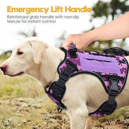 Heavy-Duty Tactical Dog Harness for Large Dogs, No Pull Adjustable Reflective Pet Vest with Molle System, K9 Military-Grade Control for Service Training, Outdoor &amp; 10+ Breeds, Purple Camo, X-Large