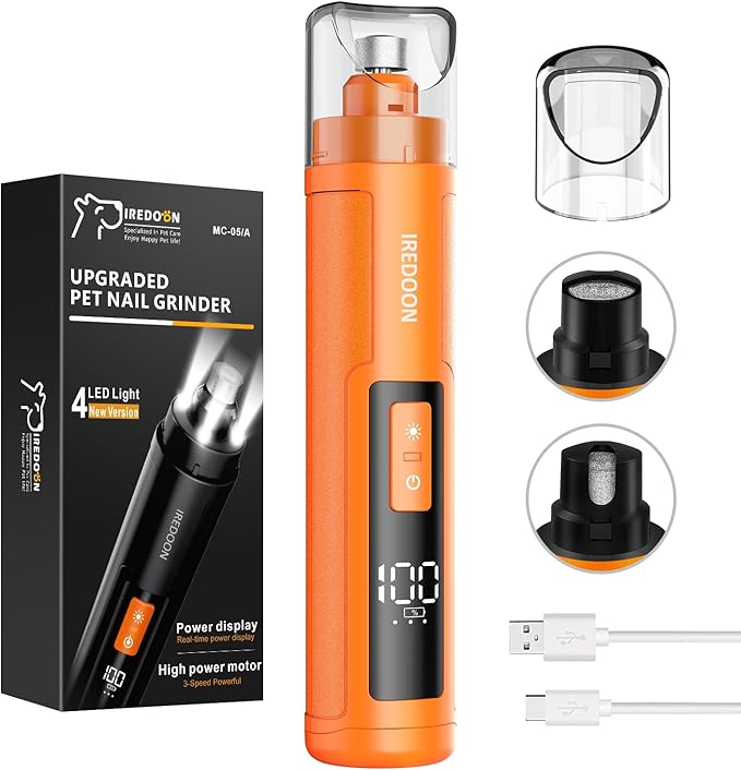 Dog Nail Grinder Upgraded - Professional 3-Speed Super Quiet and Low Vibration Electric Pet Nail Grinder with 4 LED Lights - Painless Paws Grooming &amp; Smoothing for Small to Large Dogs (Orange)