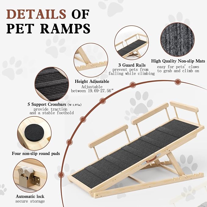 Dog Ramp for High Bed, Couch, Car, Pet Ramps 55.12" Long Adjustable 19.7"-27.6" Wooden Dog Step with High Traction Mat &amp; Safety Side Rails for Small Medium Large Older Pets, up to 250 lbs