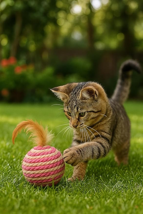 Ball for cat with Feathers - Balls for Cats – Natural Toy for Indoor Cats – Eco-Friendly, Durable, Interactive Play Balls for Kittens – Pet-Safe Chew &amp; Scratch Toys (Red)