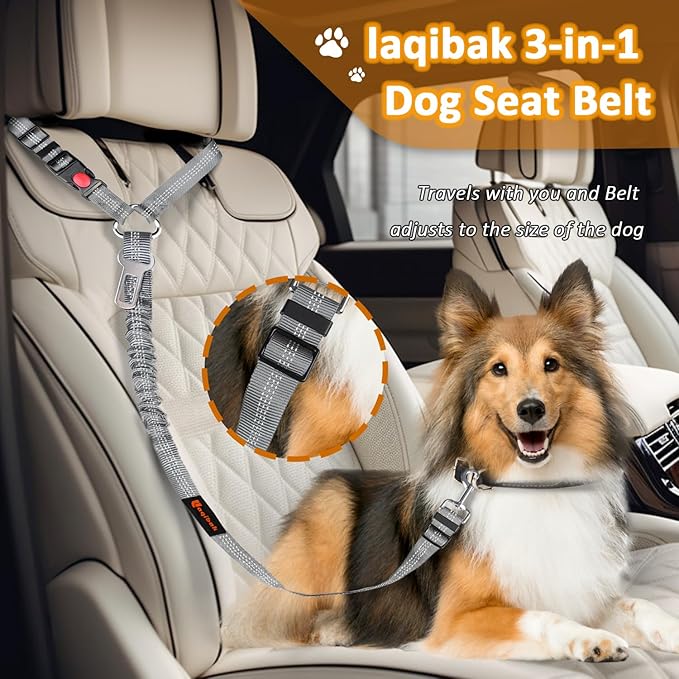 Removable Dog Seat Belt Harness for Car, 3 in 1 Pet Dog Car Seatbelt Leash, Retractable Restraint Secures to Vehicle Headrest &amp; Adjustable Reflective Bungee Dog Seatbelt Tether, Grey