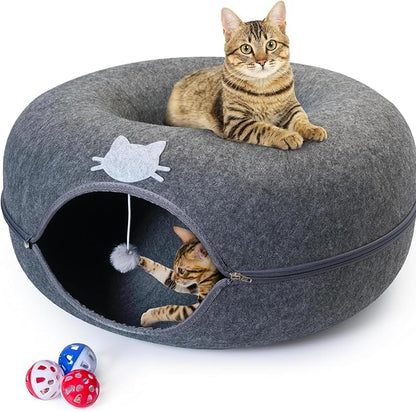 Meow Mansion Large Cat Cave Donut - Cat Tunnel; up to 30lbs - 3 Toy Balls &amp; Hanging Ball Included - Scratch Resistant, Detachable and Cleanable Cat Donut Bed