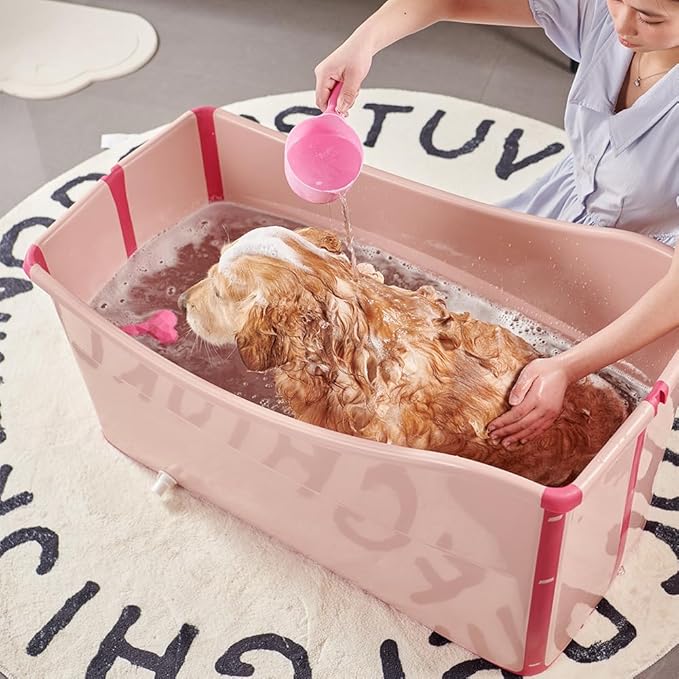 Portable Dog Bathtub for Large Dogs - 48.4Gal Foldable Pet Wash Station with Drain Plug, Insulated &amp; Non-Slip Design for Indoor/Outdoor Bathing, Grooming, Camping（Pink）