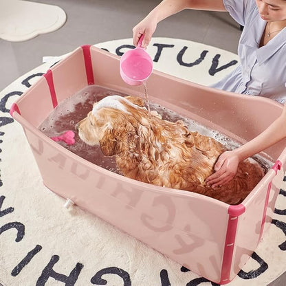 Portable Dog Bathtub for Large Dogs - 48.4Gal Foldable Pet Wash Station with Drain Plug, Insulated &amp; Non-Slip Design for Indoor/Outdoor Bathing, Grooming, Camping（Pink）