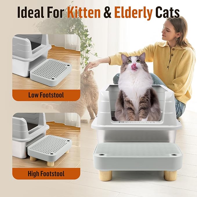 Cat Litter Box Step Ramp, Cat Litter Catcher Mat with Wooden Feet, Filter Function, Cat Pedal Stool for Self-Cleaning Cat Litter Box, Ideal for Kitten &amp; Elderly Cats (Light Grey)