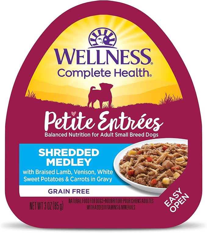 Wellness Petite Entrées Shredded Medley with Braised Lamb, Venison, White Sweet Potatoes &amp; Carrots, 3-Ounce Cup (Pack of 12)