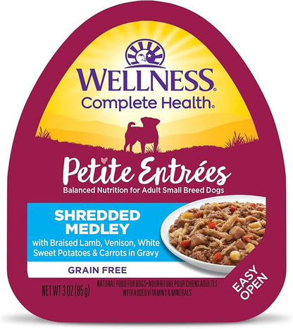 Wellness Petite Entrées Shredded Medley with Braised Lamb, Venison, White Sweet Potatoes &amp; Carrots, 3-Ounce Cup (Pack of 12)