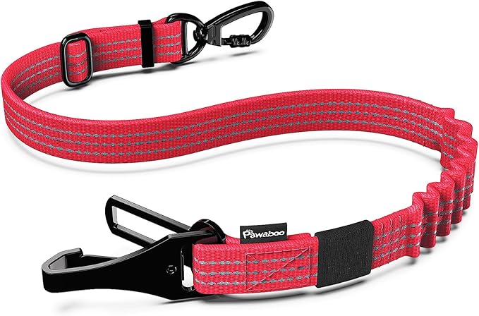 Pawaboo Dog Seatbelt for Car, 3-in-1 Dog Seat Belt Bungee, Shockproof Dogs Tether for Car with Buckle &amp; Hook Latch, Adjustable Reflective Dogs Cars Harness Leash with 360° Lockable Buckle, Red