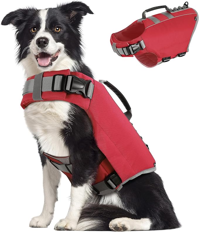 Pawaboo Dog Life Jacket, Reflective Dog Safety Vest Adjustable Pet Life Preserver with Strong Buoyancy &amp; Sturdy Rescue Handle, Ripstop Dog Lifesaver Vests for Swimming, Boating, L, Red