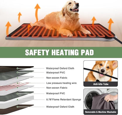 Heated Dog House Outdoor with Insulated Liner in Winter, Weatherproof Puppy Kennel with Anti-Chewing Metal Frame, Dog Shelter for Large, Medium and Small Dogs (Brown, 50.9&