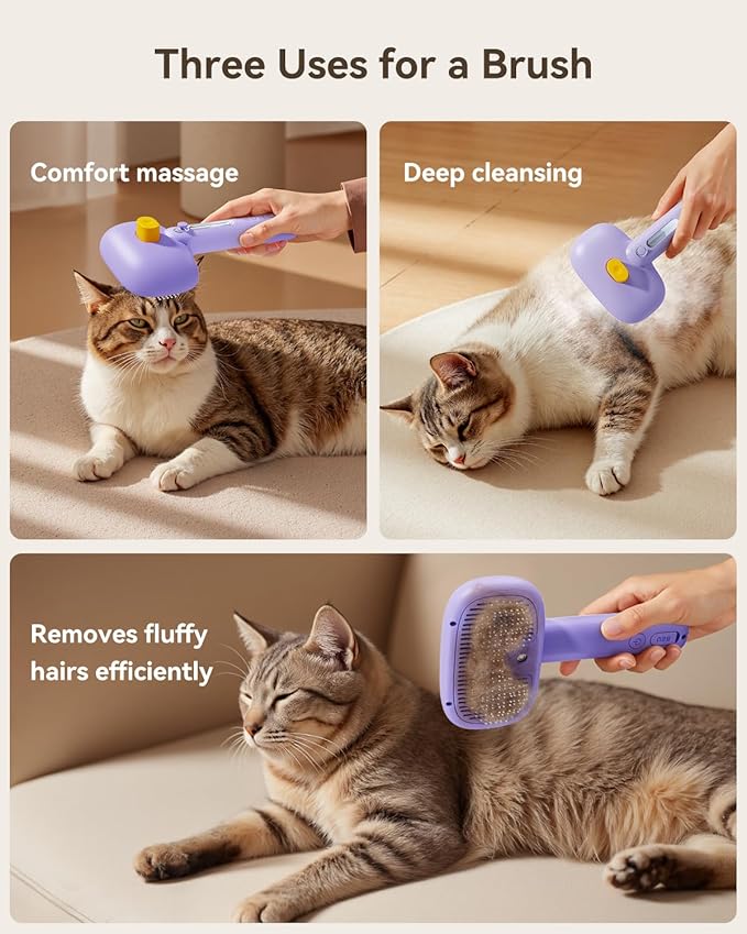 ROJECO 3-in-1 Pet Steam Brush for Cats&amp;Dogs - Detangling Comb with Adjustable Mist, Handheld Deshedding Grooming Tool for Long/Short Hair, Massage Brush &amp; Shedding Control Gift,Cordless,Purple