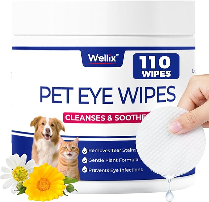 Wellix Dog &amp; Cat Eye Wipes for Discharge and Crust - Pet Eye Wipes Tear Stain Remover for Dogs and Cats - Dog and Cat Grooming Wipes for Eyes and Wrinkle - 110 Counts