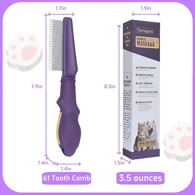 Pet Comb for Dogs &amp; Cats with Long &amp; Short Stainless Steel Metal Teeth For Shedding and Tangles, Non-Slip &amp; Anti-Static Rubber Handle, Safe &amp; Gentle Pet Grooming Comb