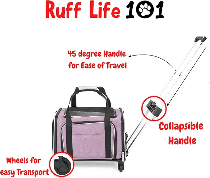 Airline Approved Expandable Premium Pet Carrier on Wheels- Two Sided Rolling Carrier- Designed for Dogs &amp; Cats- Extra Spacious Soft Lined Carrier! - Pink (RL-PET-CARRIER-WHEELS)