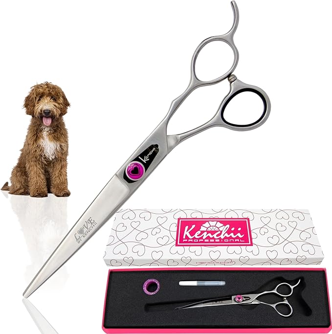 Kenchii Love Dog Grooming Scissors, 7 Inch Straight Shears, Dog Scissors for Grooming, Professional Pet Grooming Scissors, Ergonomic &amp; Comfortable