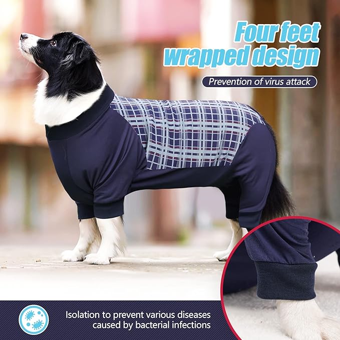 Dog Recovery Suit, Abdominal Wound After Surgery Wear, Anti Licking Bodysuit with Zipper, E-Collar &amp; Cone Alternatives, Plaid Dog Spay Surgical Shirt Prevent Shedding(Medium, Blue)