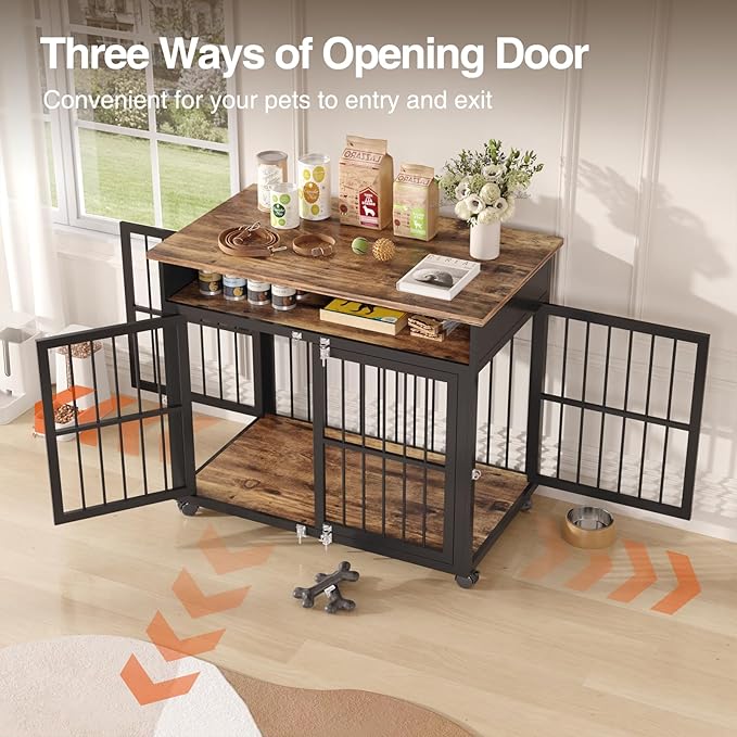 39.4" Dog Crate Furniture for Medium and Large Breed, Dog Kennel Furniture with Storage Shelf &amp; Lockable Wheels, Heavy Duty Wooden End Side Table Pet Cage Indoor, Chew-Resistant, Brown