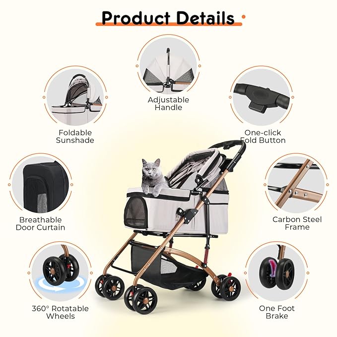 3-in-1 Foldable Pet Stroller for Medium Dogs &amp; Cats (50lbs) - Detachable Carrier, Car Seat, Storage Basket, 5" Lockable Wheels