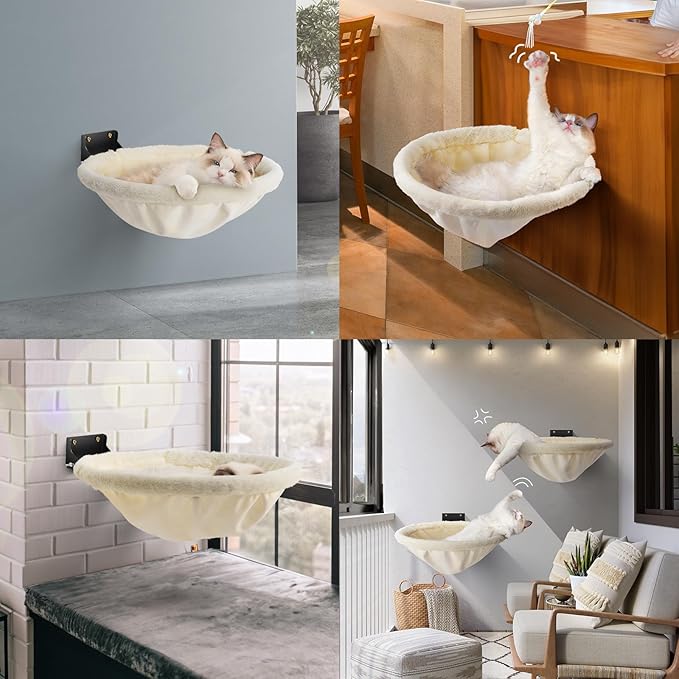 Cat Hammock Wall Mounted, Foldable &amp; Stable Cat Beds- Breathable Cats Wall Shelves for Sleeping, Playing, Climbing, and Lounging - Maximum Hold Up to 30lb（Cream,Faux Rabbit Fur）