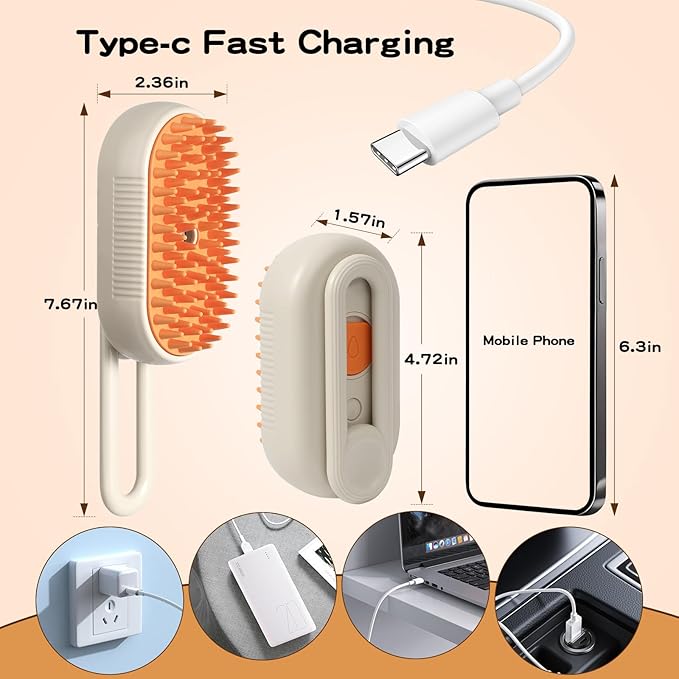Pet Steam Brush, Rechargeable Cat Steam Brush for Shedding, 2025 New &amp; 4 in 1 Pet Spray Hair Removal Comb with Anti-Static,Massage, Cleaning, Shedding &amp; Combing All In One! (Khaki)